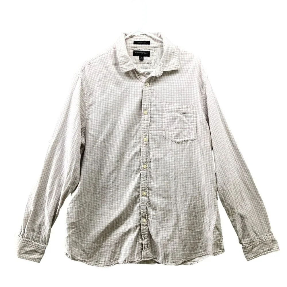 Banana Republic Untucked Slim Fit Double Cloth Shirt Mens XL Beige White Gingham